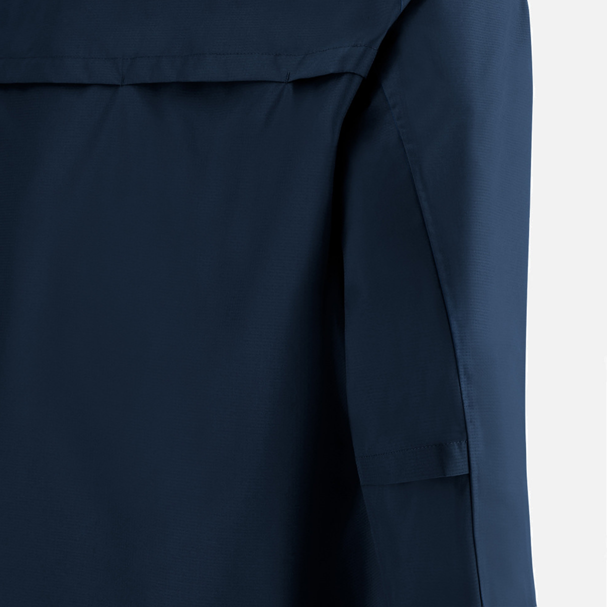 Close-up view of the upper back and sleeve of the USA Rugby 25 Player Waterproof Jacket by Macron in navy blue, shown against a plain white background.