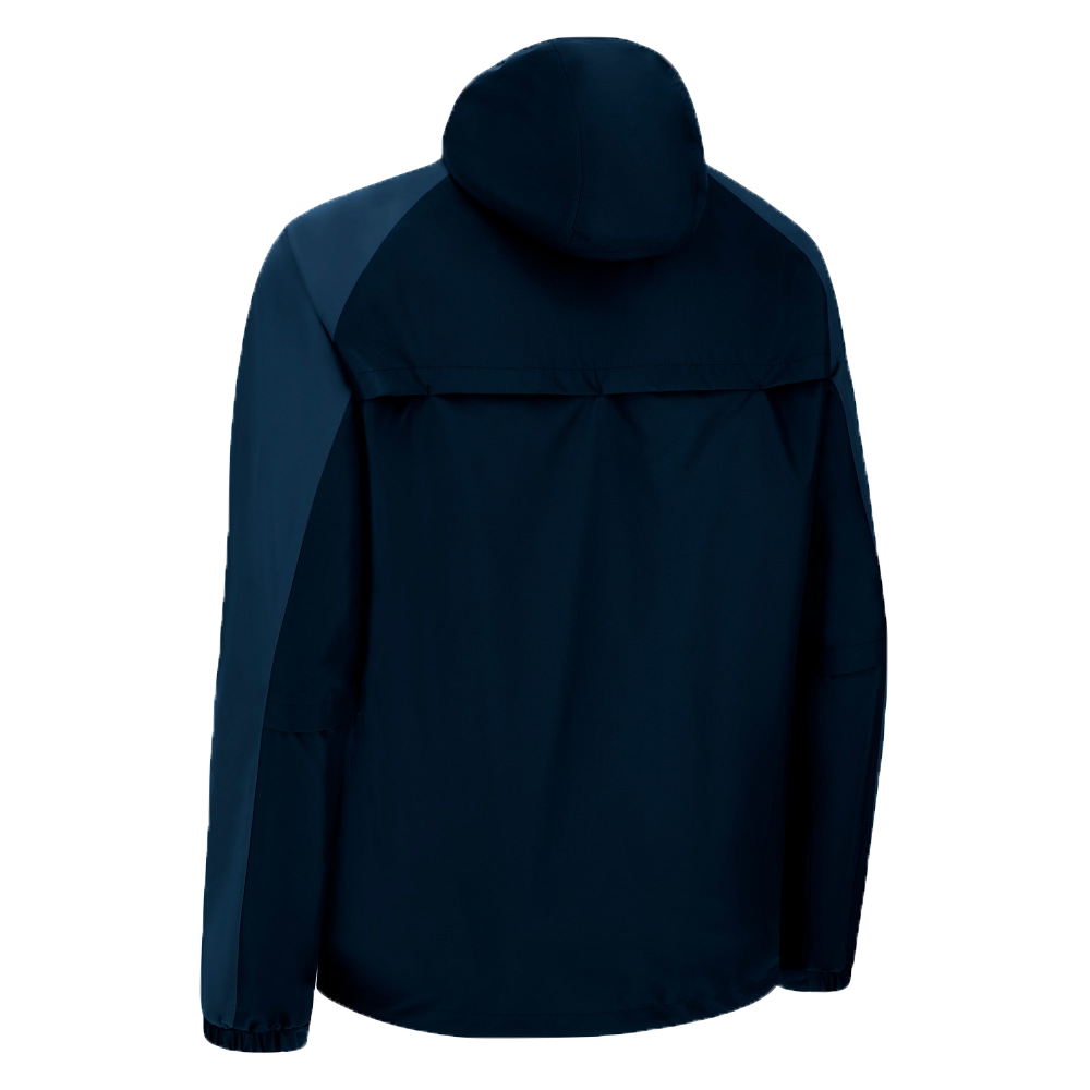 The USA Rugby 25 Player Waterproof Jacket by Macron is shown from the back in navy blue, featuring long sleeves, minimal detailing, and subtle USA Rugby branding.