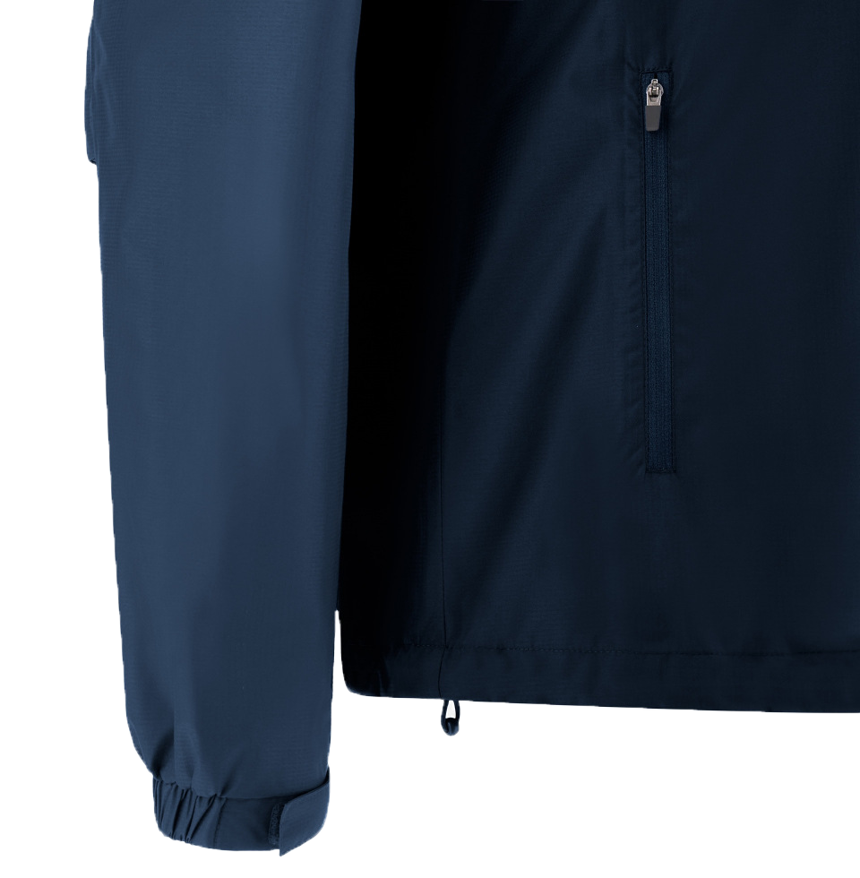 The USA Rugby 25 Player Waterproof Jacket by Macron, in navy blue, features a zippered chest pocket, elastic cuffs, and a drawstring hem; shown from the waist down.