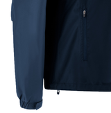 The USA Rugby 25 Player Waterproof Jacket by Macron, in navy blue, features a zippered chest pocket, elastic cuffs, and a drawstring hem; shown from the waist down.