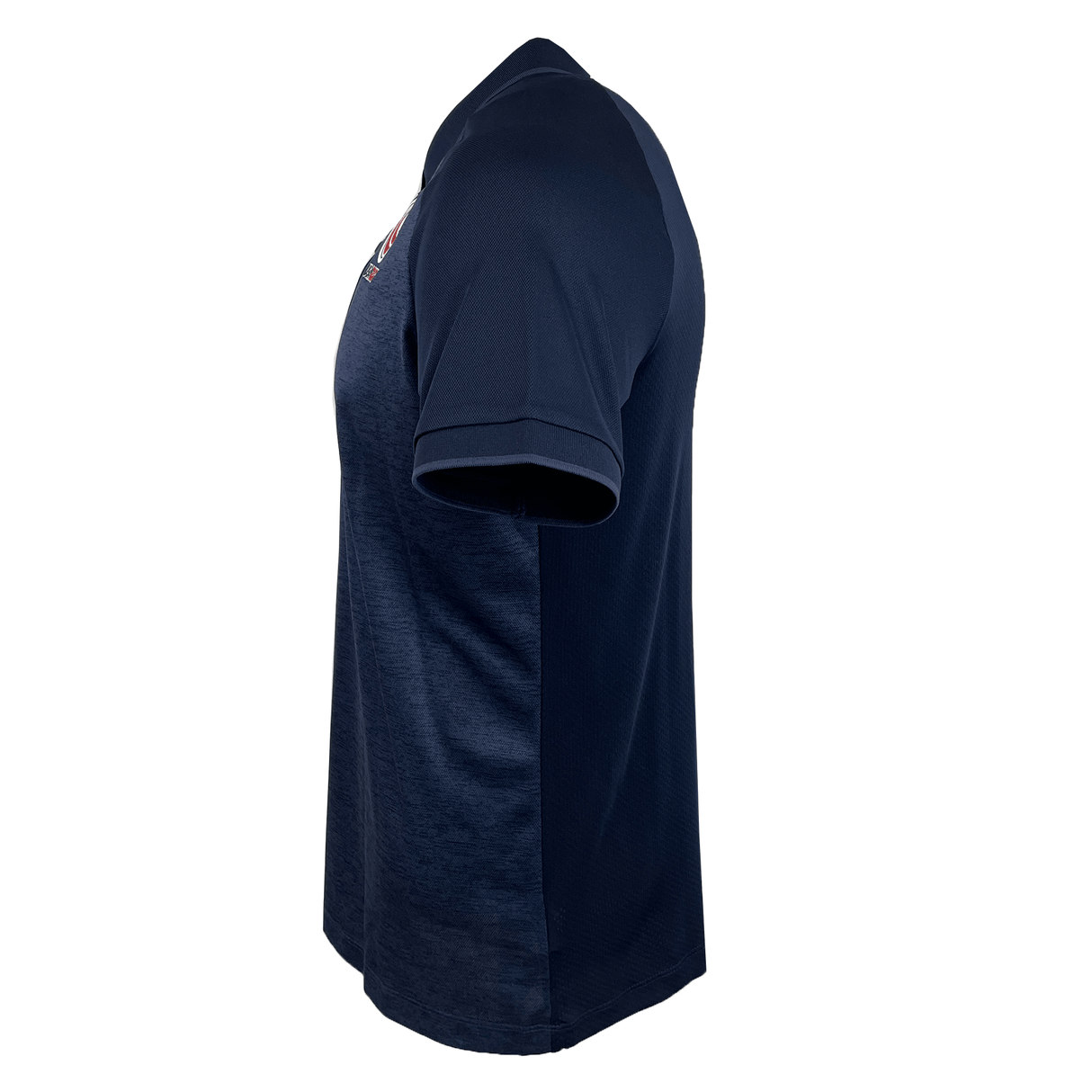 Side view of the USA Rugby 25 Travel Poly Polo by Macron, a short-sleeve navy polo with a classic collar, shown on a plain white background.