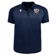 The USA Rugby 25 Travel Poly Polo by Macron is a navy blue, short-sleeve polo featuring the USA Rugby logo on the left chest and a white Macron logo on the right chest.
