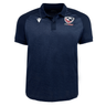 The USA Rugby 25 Travel Poly Polo by Macron is a navy blue, short-sleeve polo featuring the USA Rugby logo on the left chest and a white Macron logo on the right chest.
