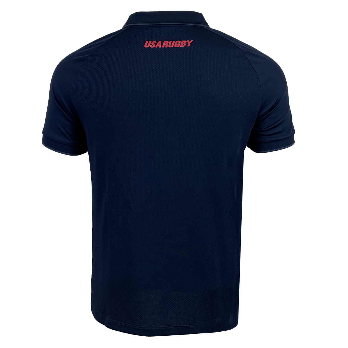 Navy blue USA Rugby 25 Travel Poly Polo by Macron, viewed from the back with "USA RUGBY" in bold red below the collar—support the Eagles in style with this short-sleeve Macron polo.