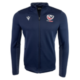 The USA Rugby 25 Travel 3D Full-Zip Top by Macron is a navy blue top with the USA Rugby 25 Travel logo on the left chest and a white Macron logo on the right.