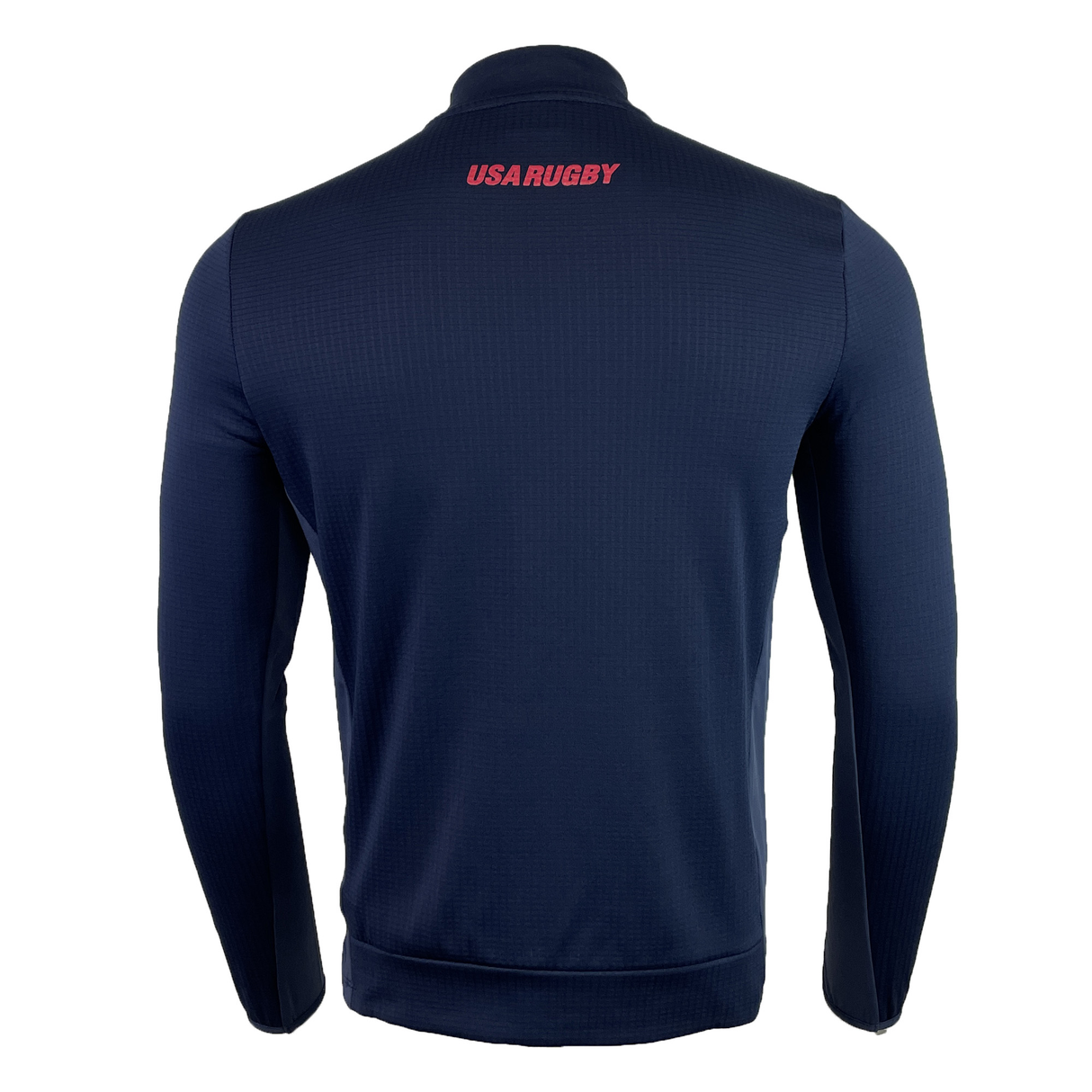 Back view of the Macron USA Rugby 25 Travel 3D Full-Zip Top, a navy long-sleeve athletic jacket with "USA RUGBY" in red on the upper back.