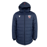 The USA Rugby 25 Padded Jacket by Macron features a navy blue design with a hood, front zipper, horizontal quilting, two chest logos, and rain-resistant material—ideal for warmth and dryness.
