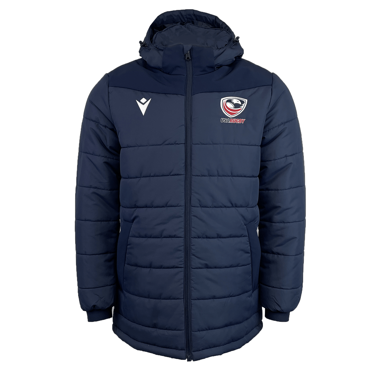 The USA Rugby 25 Padded Jacket by Macron features a navy blue padded design, rain-resistant material, hood, front zipper, and USA Rugby logo on the chest.