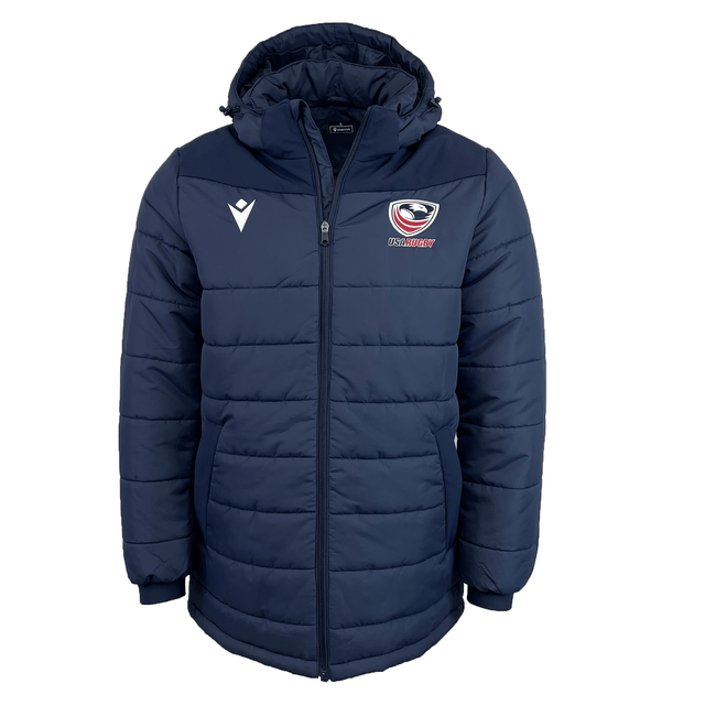 The USA Rugby 25 Padded Jacket by Macron features a navy blue design, hood, front zipper, and an embroidered USA Rugby team logo on the left chest.