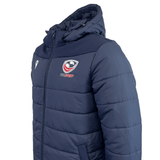 The USA Rugby 25 Padded Jacket by Macron is a navy blue hooded jacket featuring the USA Rugby logo and a small white Macron logo on the chest.