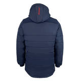 Navy blue USA Rugby 25 Padded Jacket by Macron, shown from the back with horizontal quilting and "USA RUGBY" in red on the hood—a standout piece from Macron.