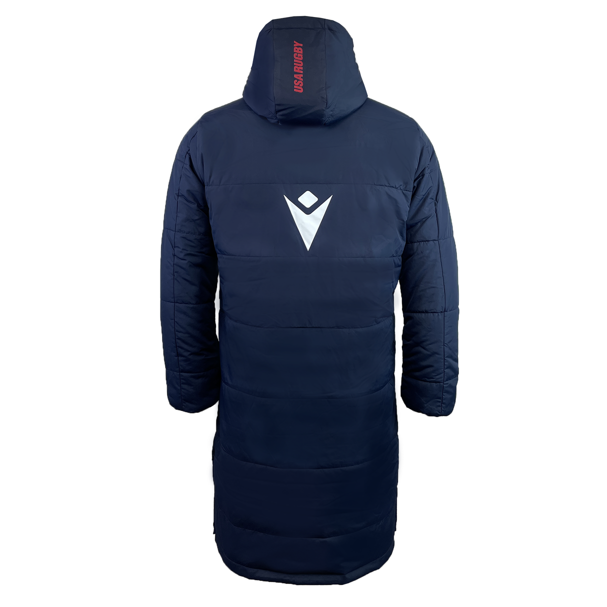The USA Rugby 25 Padded Bench Jacket by Macron is a navy blue coat with a hood, crafted from water-resistant fabric. A white logo appears on the back, while red text adorns the hood, making it ideal for USA Rugby fans.