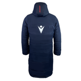 The USA Rugby 25 Padded Bench Jacket by Macron is a navy blue coat with a hood, crafted from water-resistant fabric. A white logo appears on the back, while red text adorns the hood, making it ideal for USA Rugby fans.