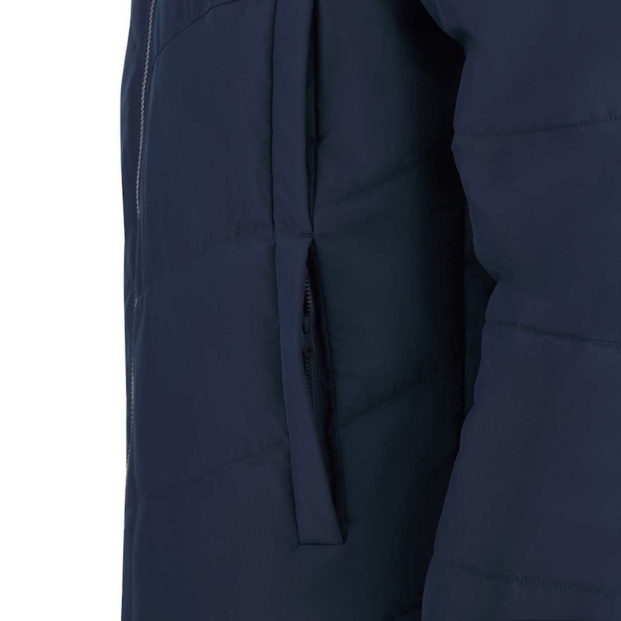 This close-up of the USA Rugby 25 Padded Bench Jacket by Macron in navy blue showcases quilted details and a zippered pocket, embodying the craftsmanship Macron is known for. It's ideal for any USA Rugby fan.