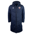 The USA Rugby 25 Padded Bench Jacket by Macron is a navy quilted coat featuring a hood, chest logo, and full zipper, perfect for chilly sidelines while providing style and warmth.