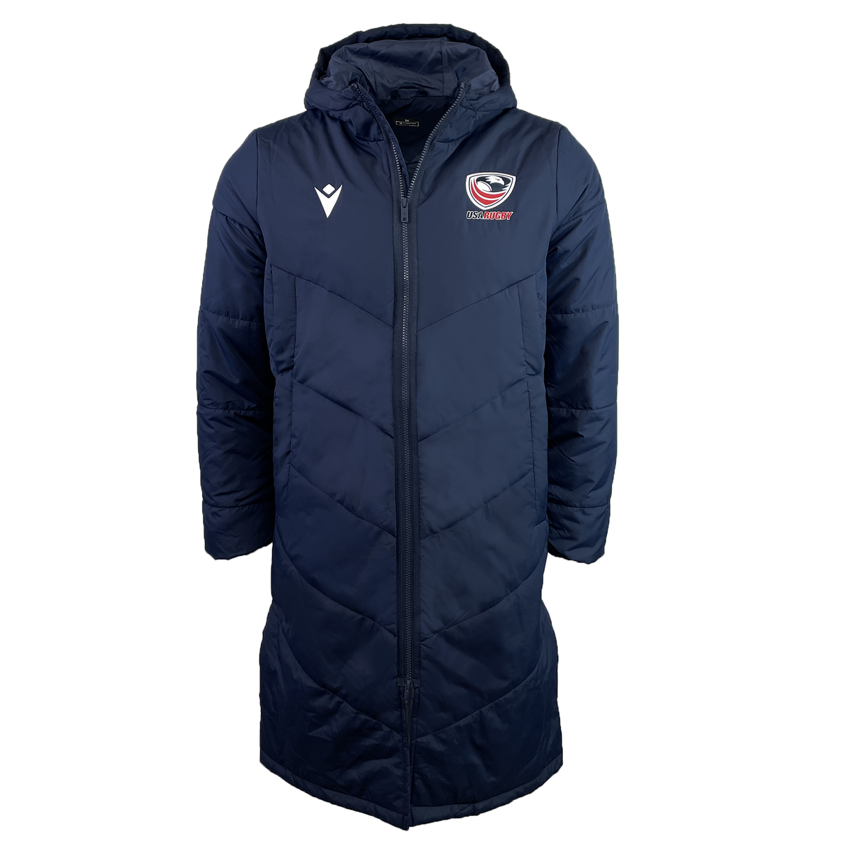 The USA Rugby 25 Padded Bench Jacket by Macron is a navy quilted coat featuring a hood, chest logo, and full zipper, perfect for chilly sidelines while providing style and warmth.