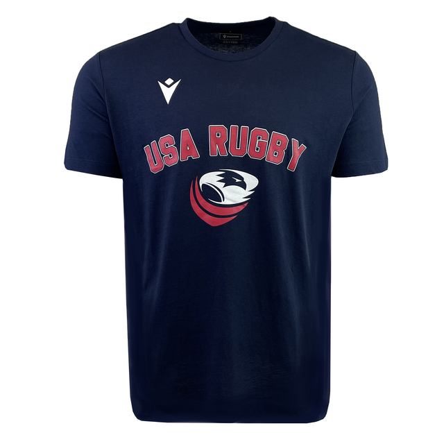 The USA Rugby 25 Leisure T-Shirt by Macron in navy blue showcases "USA Rugby" text and a red and white stylized eagle logo on the front, perfectly combining comfort and style for fans.