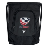 The USA Rugby 25 Gymsack by Macron features a black design, zippered front and side pockets, waterproof material, and a Macron logo—ideal for keeping your essentials dry and organized.