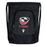 The USA Rugby 25 Gymsack by Macron features a black design, zippered front and side pockets, waterproof material, and a Macron logo—ideal for keeping your essentials dry and organized.