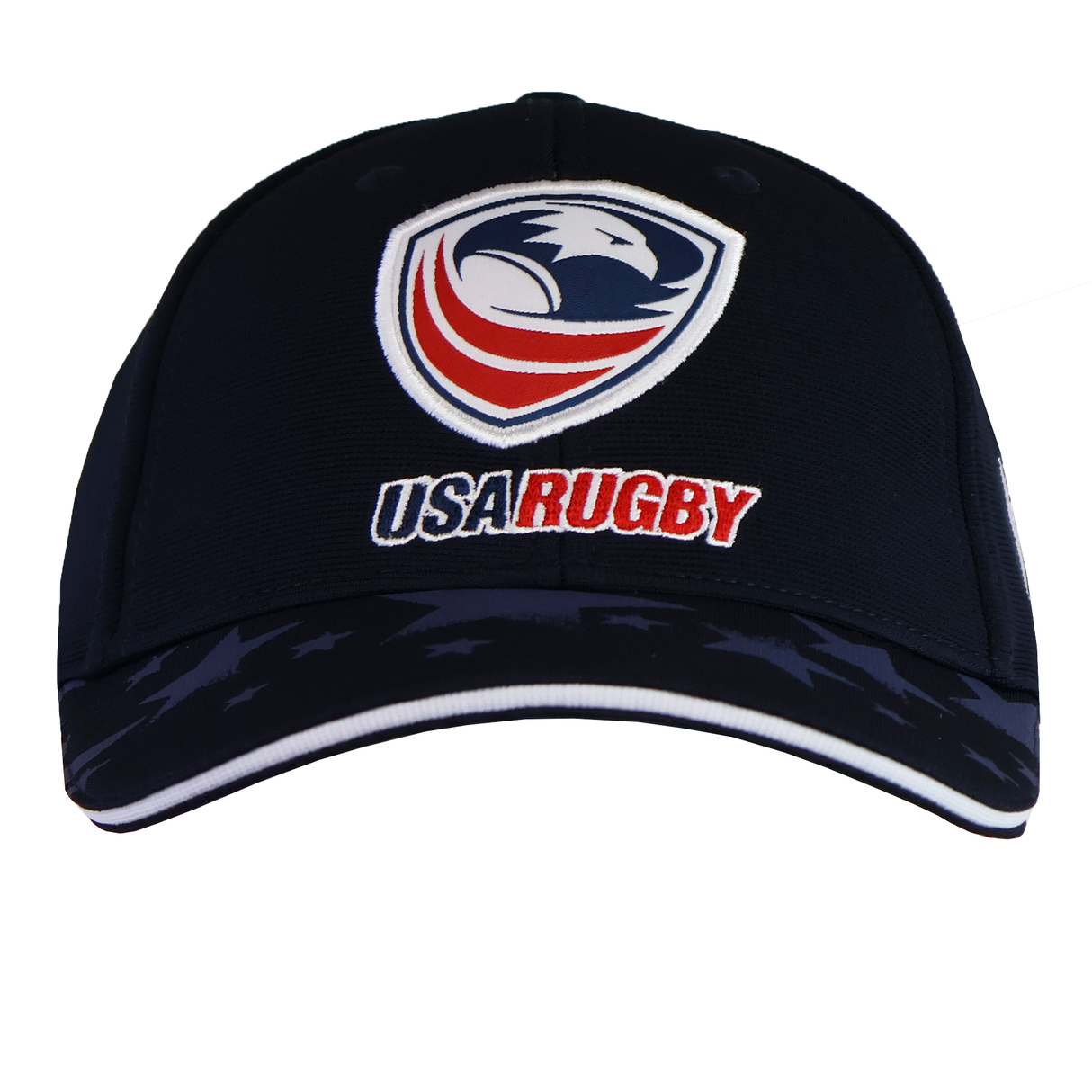 The USA Rugby 25 Navy Baseball Cap by Macron showcases an eagle logo with "USA RUGBY" embroidered below, complete with a star-patterned brim, blending style and patriotism effortlessly.