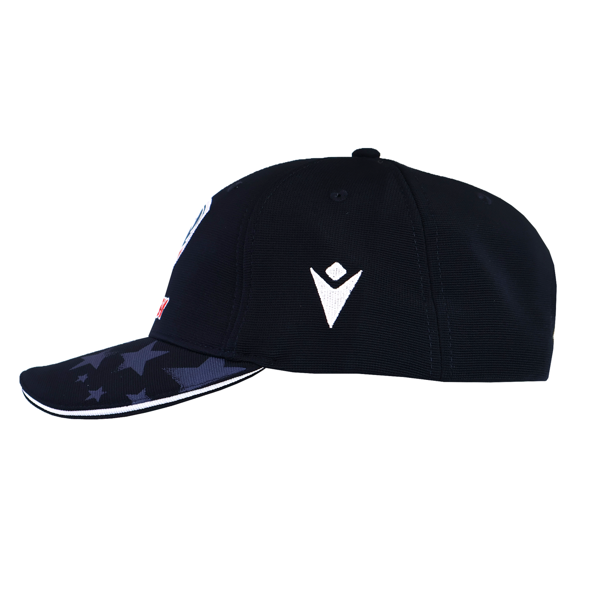 Side view of the USA Rugby 25 navy baseball cap by Macron, showcasing white and red geometric logos and star patterns on the brim, reflecting USA Rugby's dynamic spirit.