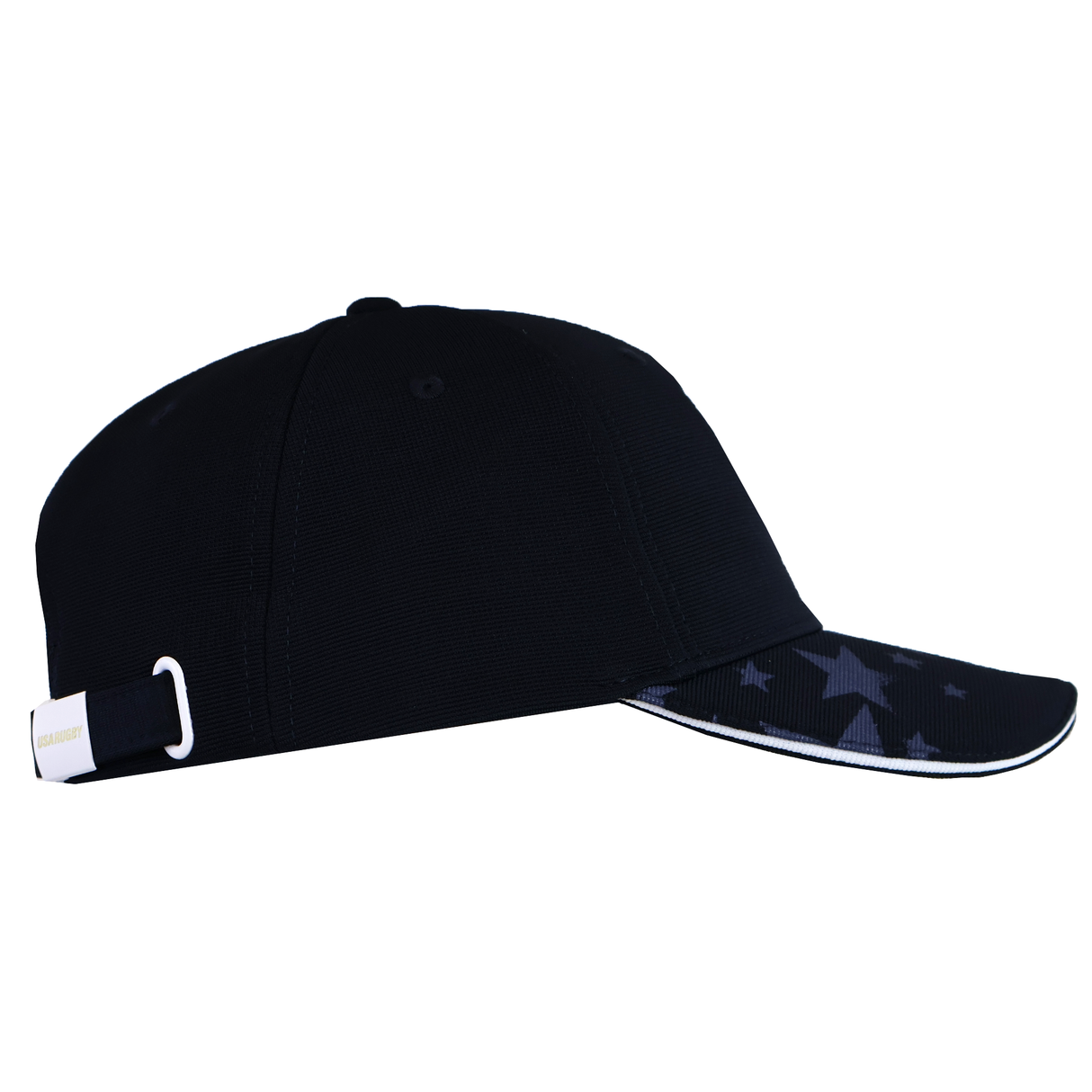 The USA Rugby 25 Navy Baseball Cap by Macron is a black cap with a flat brim and star patterns, ideal for fans. It includes an adjustable strap at the back for comfort.