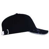 The USA Rugby 25 Navy Baseball Cap by Macron is a black cap with a flat brim and star patterns, ideal for fans. It includes an adjustable strap at the back for comfort.