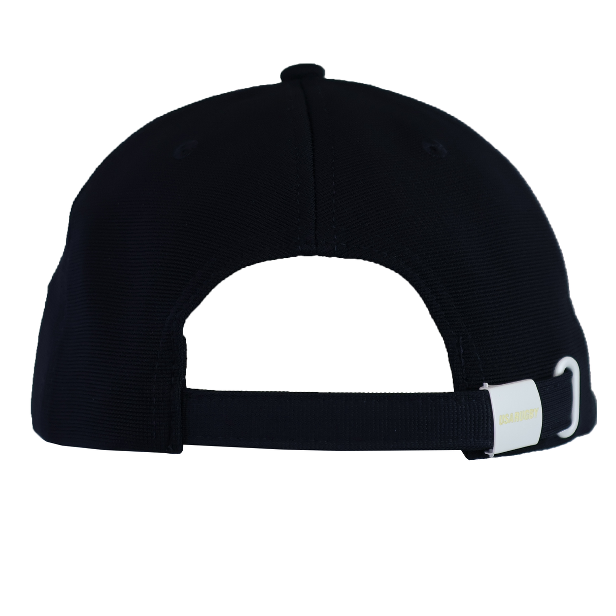 Viewed from behind, the USA Rugby 25 Navy Baseball Cap by Macron features an adjustable strap and metal clasp, reminiscent of USA Rugby event styles.