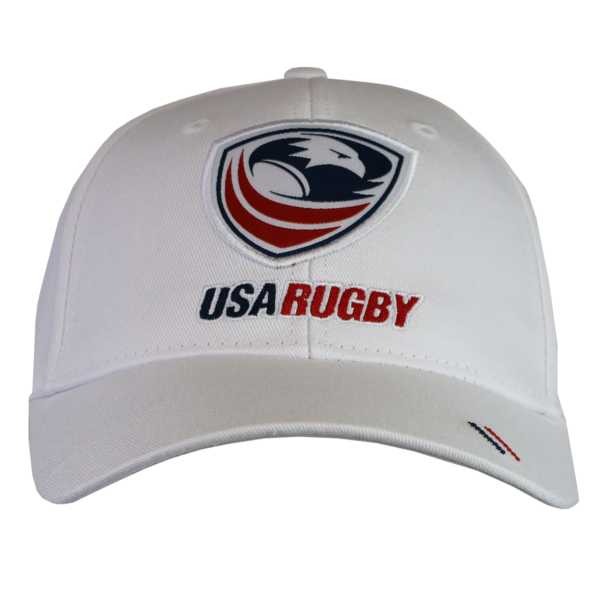 The USA Rugby 25 White Baseball Cap by Macron showcases the USA Rugby logo with a regal eagle and "USA RUGBY" embroidered in bold black and red, making it essential attire for rugby enthusiasts.