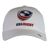 The USA Rugby 25 White Baseball Cap by Macron showcases the USA Rugby logo with a regal eagle and "USA RUGBY" embroidered in bold black and red, making it essential attire for rugby enthusiasts.