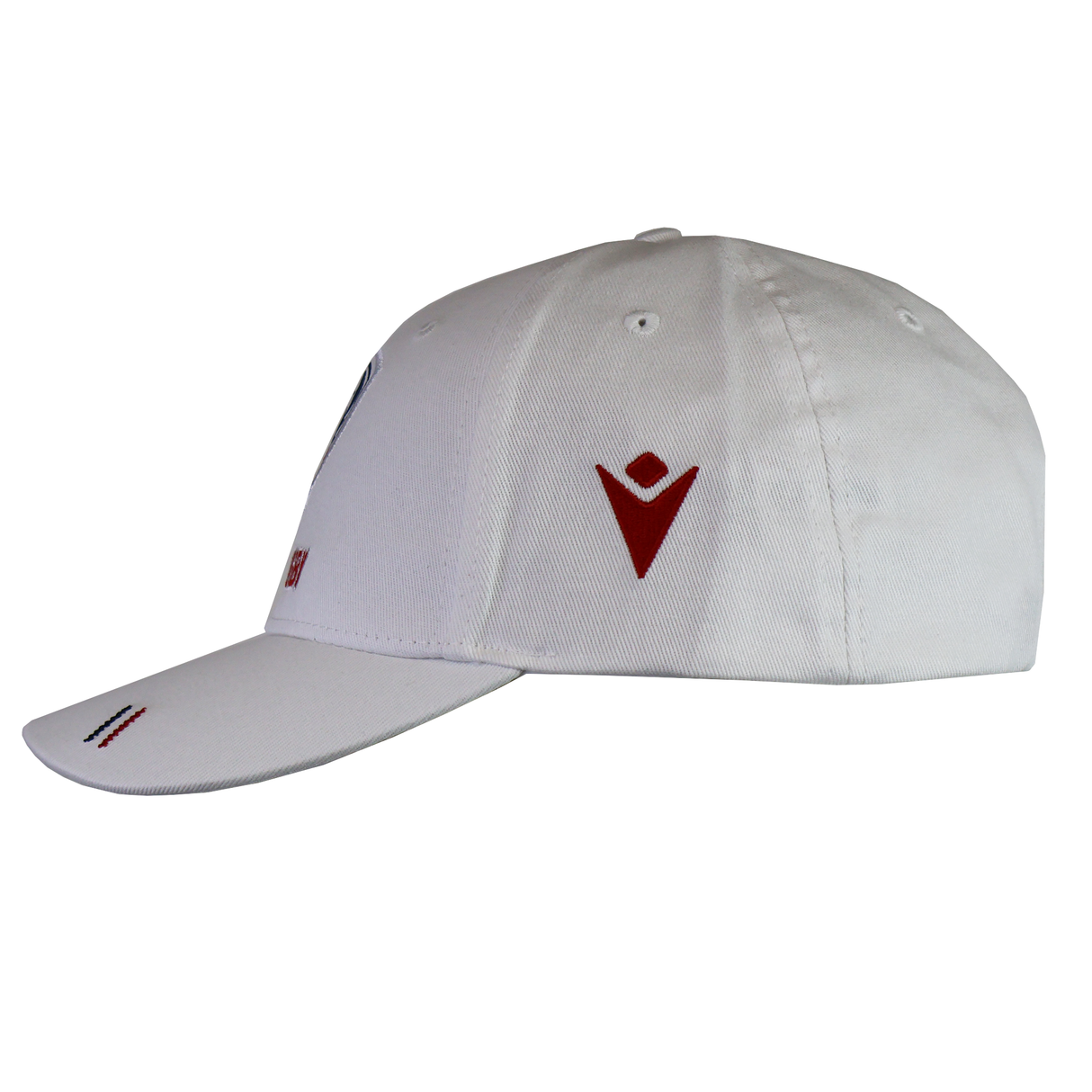 The USA Rugby 25 White Baseball Cap by Macron features a red USA Rugby logo on the side and sports black and red lines on the brim.