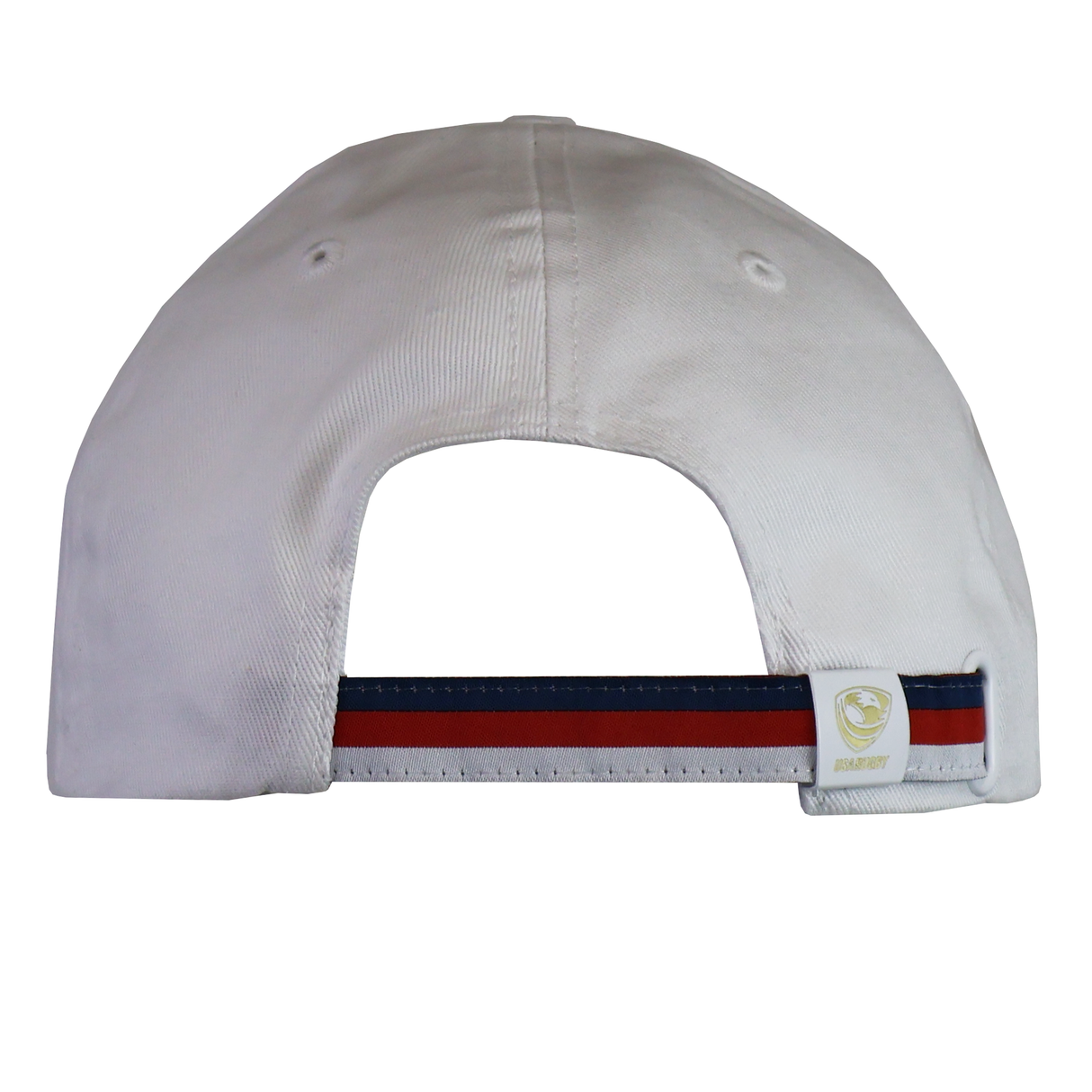 The USA Rugby 25 White Baseball Cap by Macron features a back view with a navy and red striped adjustable strap, accented by a small logo tag. Ideal for USA Rugby fans, this cap reflects Macron's commitment to quality and style.
