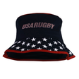 The USA Rugby 25 Bucket Hat by Macron is a stylish piece featuring "USARUGBY" on the front, adorned with white stars on a blue background and striking red trim.