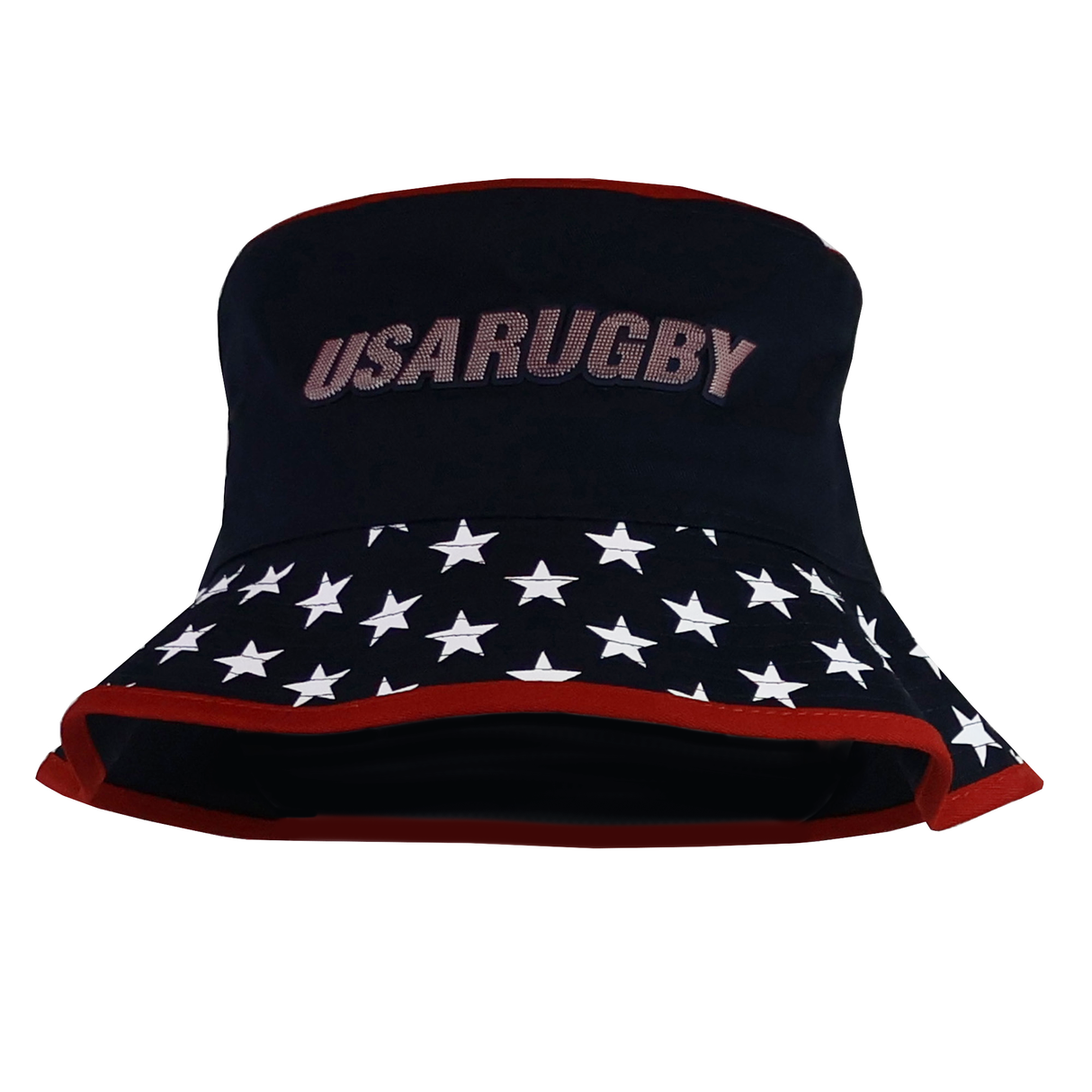 The USA Rugby 25 Bucket Hat by Macron is a stylish piece featuring "USARUGBY" on the front, adorned with white stars on a blue background and striking red trim.