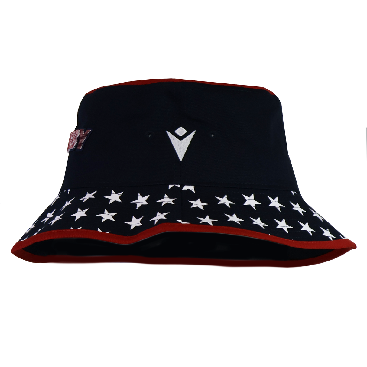 The USA Rugby 25 Bucket Hat by Macron, in black, showcases a triangle logo on the front, white stars on the brim, and a striking red trim—ideal for any USA Rugby fan.