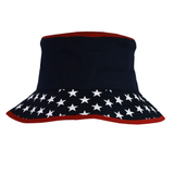 The USA Rugby 25 Bucket Hat by Macron showcases a stylish black design with a red brim and white stars on the bottom half, embodying the spirit of USA Rugby.