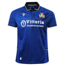 The Italy 25/26 Replica Home Jersey by Macron features blue fabric with black and gold trim, Vittoria Assicurazioni sponsor, team crest, and Macron logo—a must-have official fan jersey for any Italy rugby supporter.