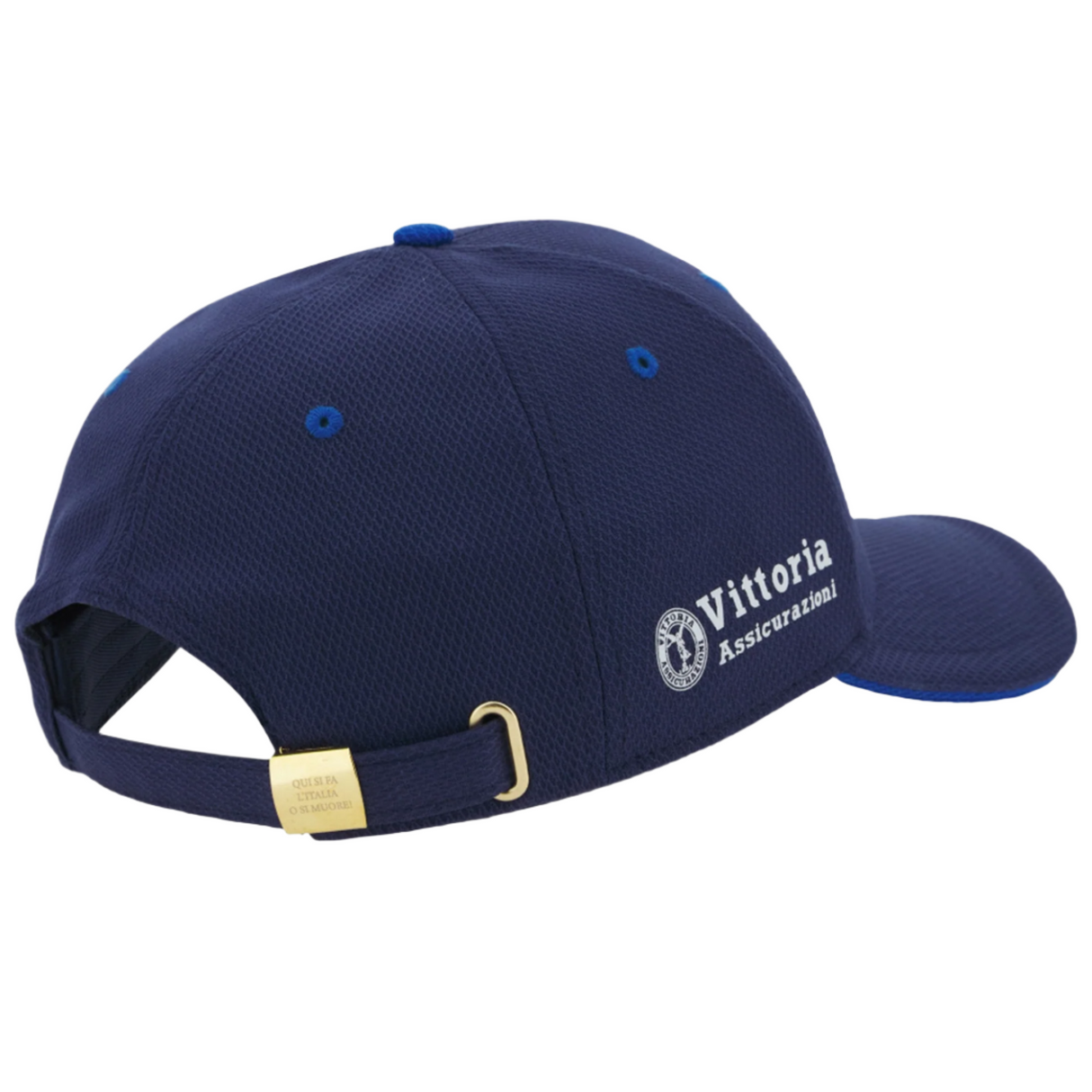 Show your support with the Italy 25/26 Supporters Cap by Macron, featuring "Vittoria Assicurazioni" and logo on the side, a navy blue design, and an adjustable metal buckle—perfect for any Azzurri rugby fan.