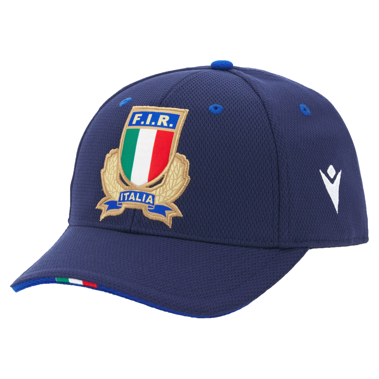 Show your team spirit with the Italy 25/26 Supporters Cap by Macron, featuring the Italian Rugby Federation crest and a small Italian flag detail—a stylish navy blue rugby cap for Azzurri fans.