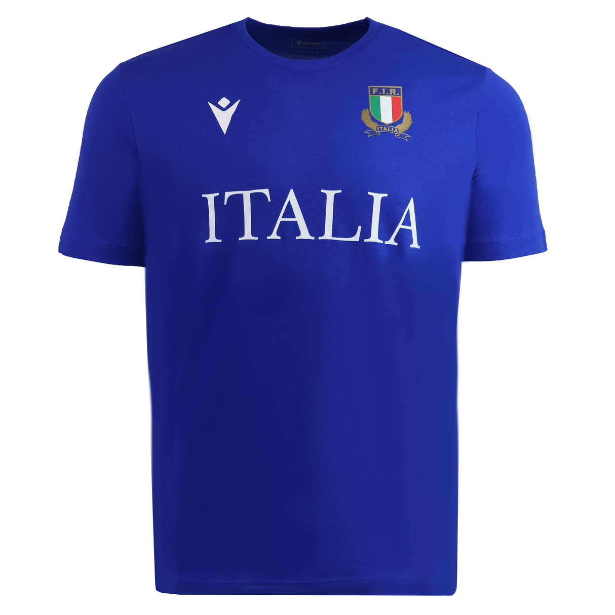 The Italy 25/26 Cotton Supporters Shirt by Macron is blue with "ITALIA" in white, the national emblem on the left chest, and a white Macron logo on the right—perfect for Italy rugby fans.