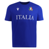 The Italy 25/26 Cotton Supporters Shirt by Macron is blue with "ITALIA" in white, the national emblem on the left chest, and a white Macron logo on the right—perfect for Italy rugby fans.