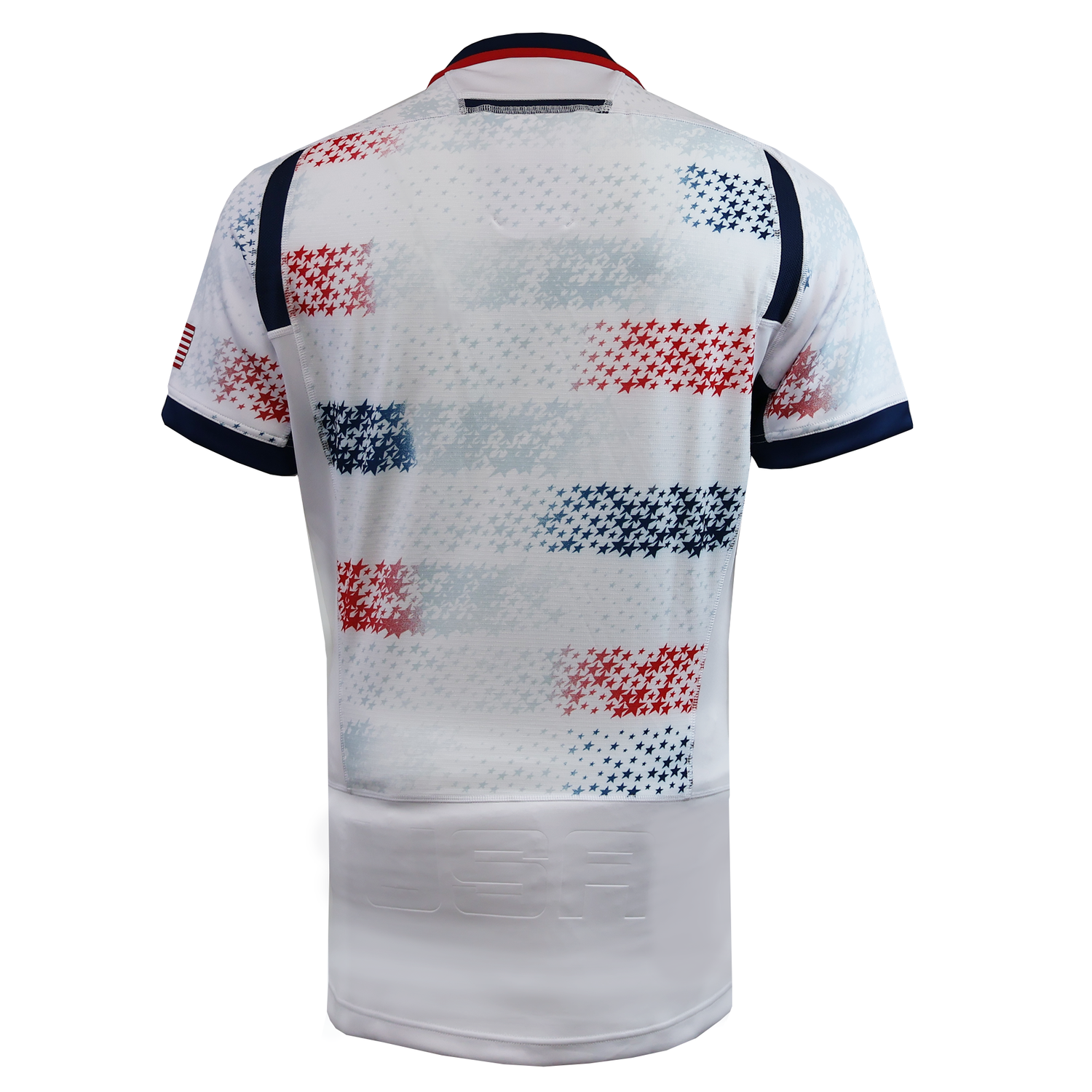 The USA Rugby 25/26 Home Body Fit Match Jersey by Macron features a white base, red and blue star patterns, navy collar and sleeve trim, "USA" on the lower back, and a body fit cut for a performance-inspired look.
