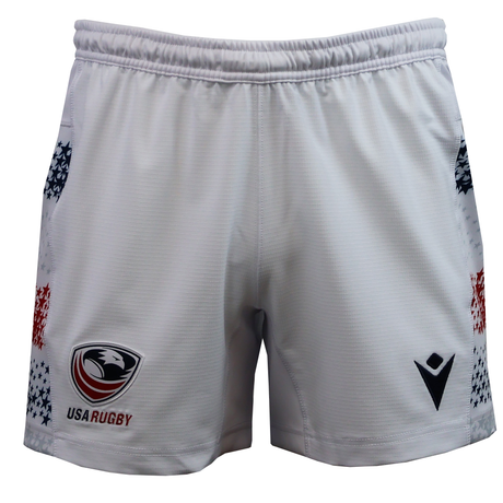 The USA Rugby 25/26 Home Shorts by Macron feature embroidered team logos on each leg, subtle star side patterns, and moisture-wicking fabric for comfort throughout every match.