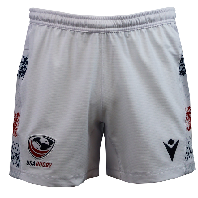 The USA Rugby 25/26 Home Shorts by Macron feature embroidered team logos on each leg, subtle star side patterns, and moisture-wicking fabric for comfort throughout every match.