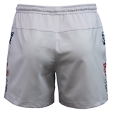 Back view of the USA Rugby 25/26 Home Shorts by Macron shows an elastic waistband, subtle red and blue side details, and embroidered logos. These Macron shorts offer moisture-wicking comfort for on or off the field.