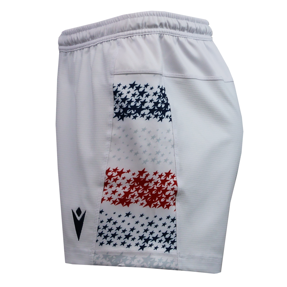 The USA Rugby 25/26 Home Shorts by Macron feature blue and red stars down the side, an elastic waistband, a black logo near the hem, and moisture-wicking fabric for ultimate comfort and style—perfect for fans of rugby performance wear.