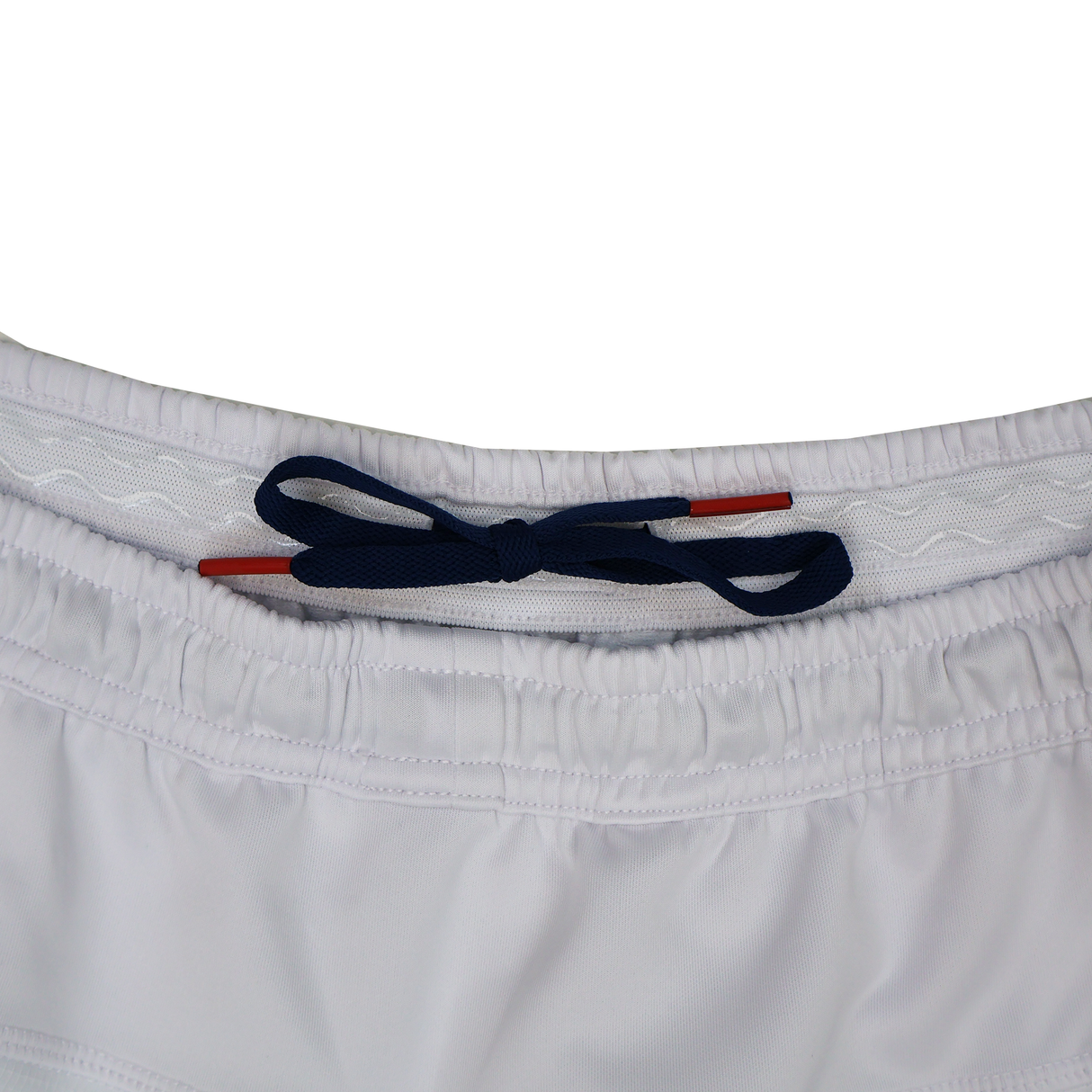 Close-up of the waistband of USA Rugby 25/26 Home Shorts by Macron, featuring a navy drawstring with red-tipped ends, showcasing their lightweight, breathable design.