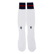 The USA Rugby M25/26 Home Socks by Macron are long white athletic socks made from Renycle yarn, featuring navy blue and red stripes at the top, shown laid flat on a white background.