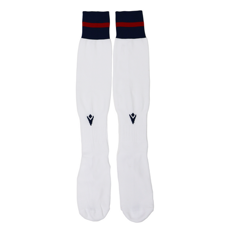 The USA Rugby M25/26 Home Socks by Macron are long white athletic socks made from Renycle yarn, featuring navy blue and red stripes at the top, shown laid flat on a white background.
