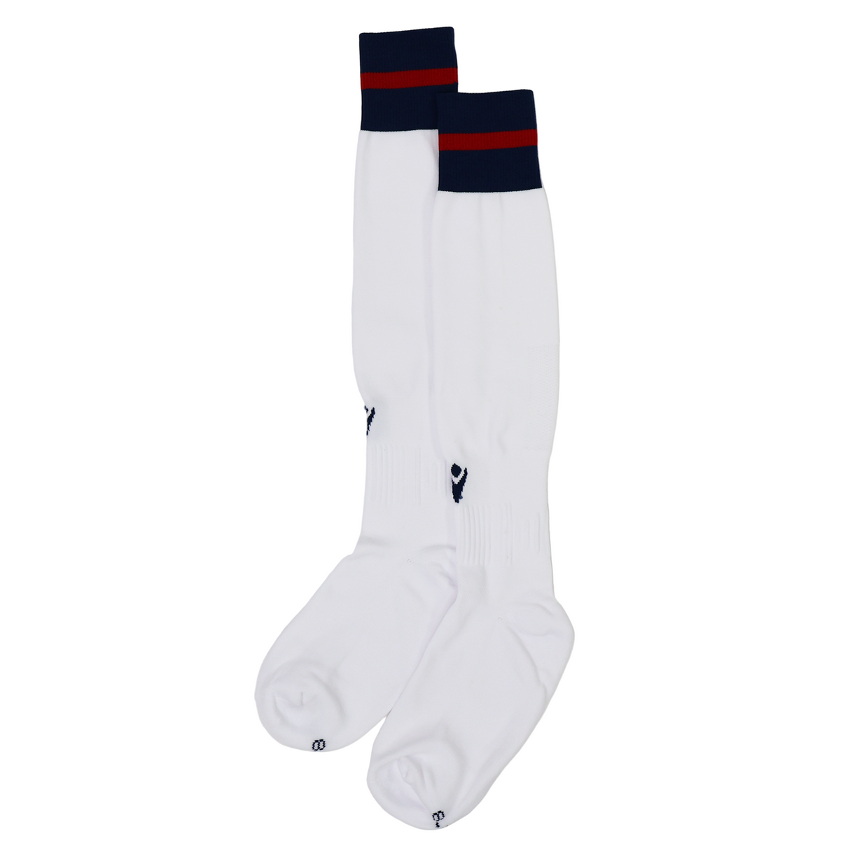 The USA Rugby M25/26 Home Socks by Macron are long white performance socks featuring red and navy blue stripes at the top, shown side by side on a white background.